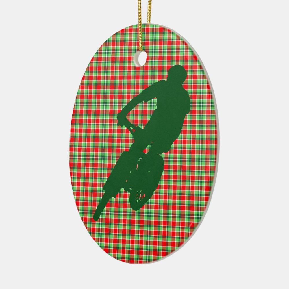 green mountain bike on christmas plaid ornament - Mountain Biker Gifts